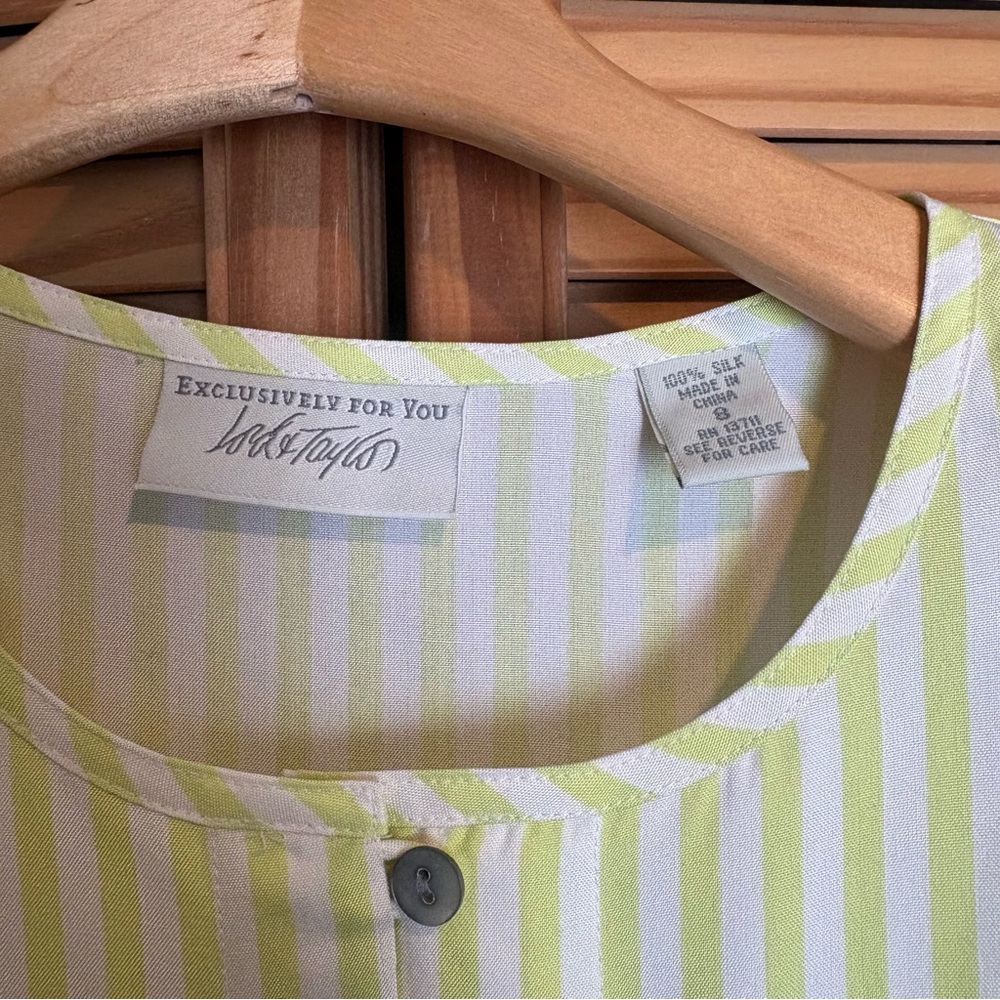Lord & Taylor Silk Blouse chartreuse striped Vintage size 8 Spring flowy office - Picture 2 of 10